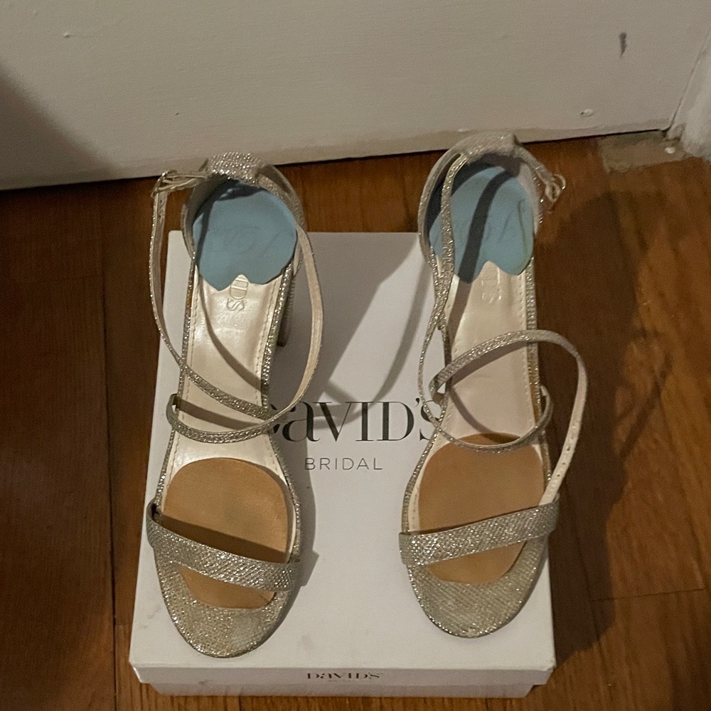 David's Bridal Sparkling Silver Strappy Heels